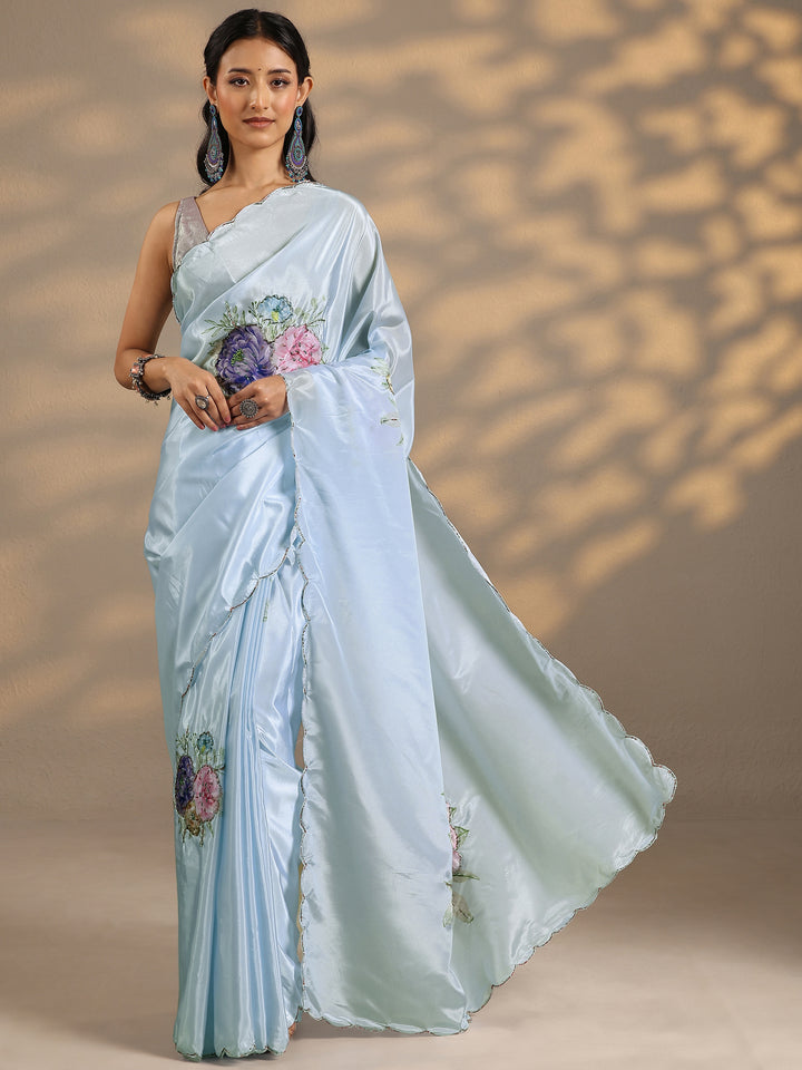 Blue Printed Silk Blend Saree With Unstitched Blouse Piece