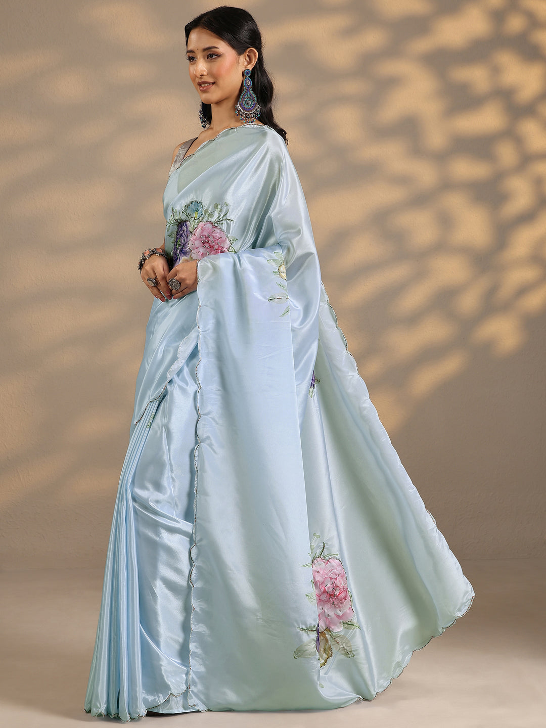 Blue Printed Silk Blend Saree With Unstitched Blouse Piece