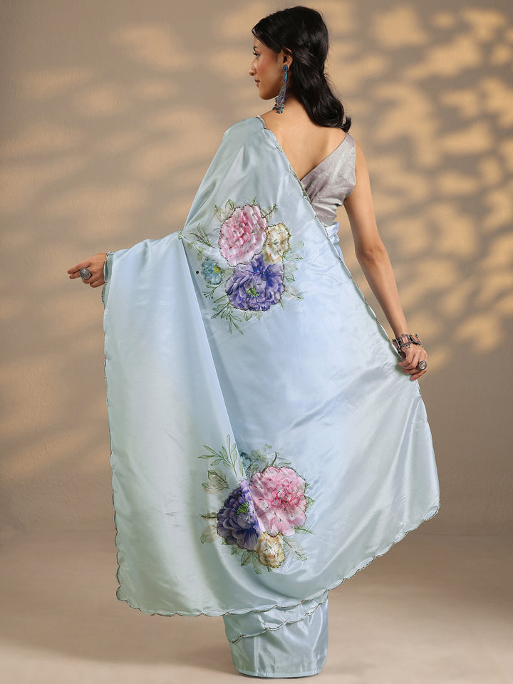 Blue Printed Silk Blend Saree With Unstitched Blouse Piece