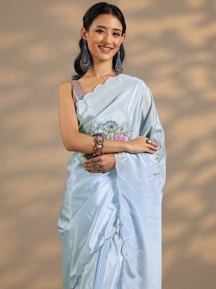 Blue Printed Silk Blend Saree With Unstitched Blouse Piece