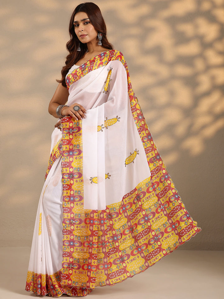 Off White Printed Silk Blend Saree With Unstitched Blouse Piece
