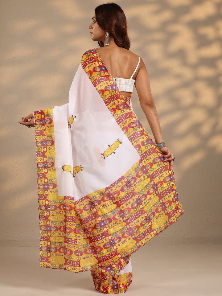 Off White Printed Silk Blend Saree With Unstitched Blouse Piece