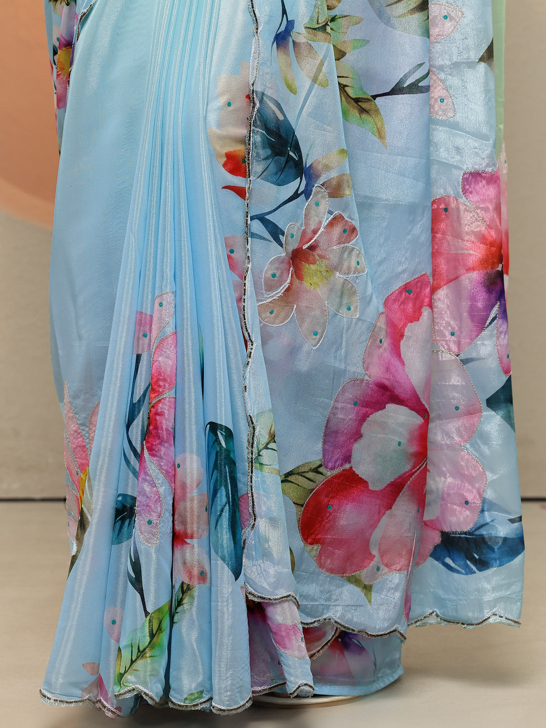 Green Printed Silk Blend Saree With Unstitched Blouse Piece