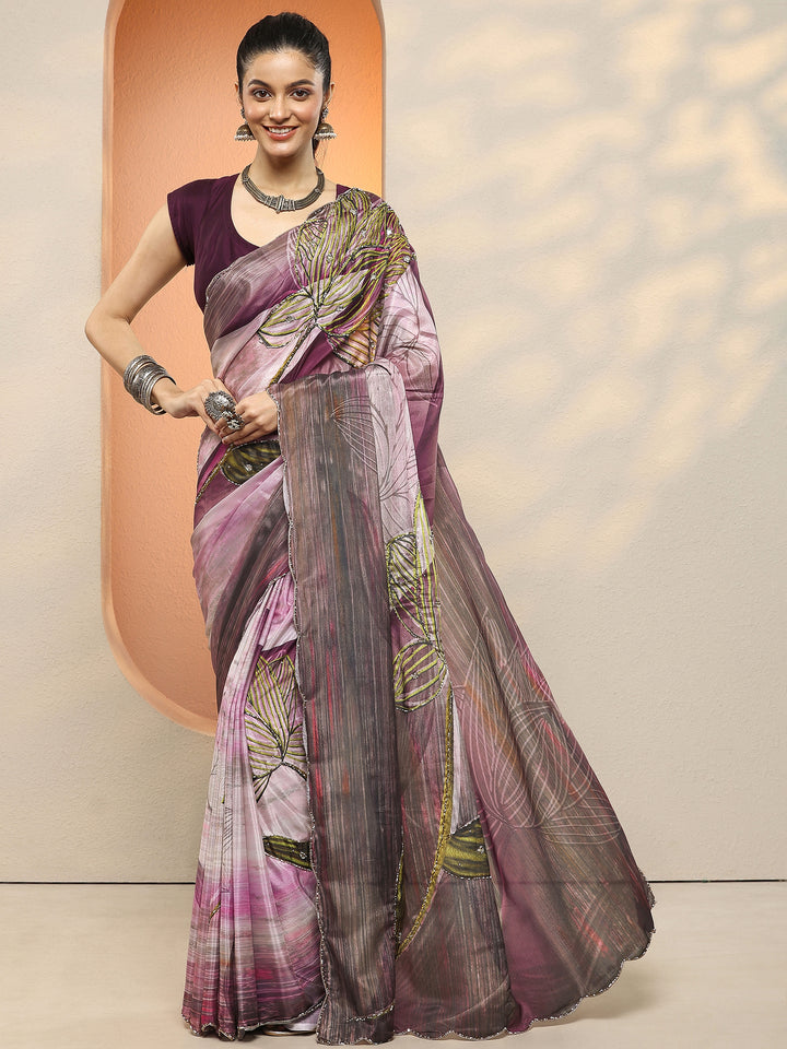 Burgundy Printed Silk Blend Sarees With Unstitched Blouse Piece