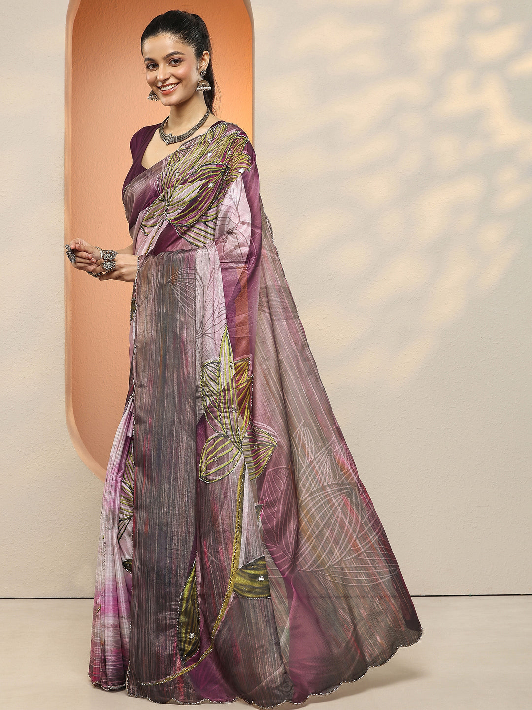 Burgundy Printed Silk Blend Sarees With Unstitched Blouse Piece