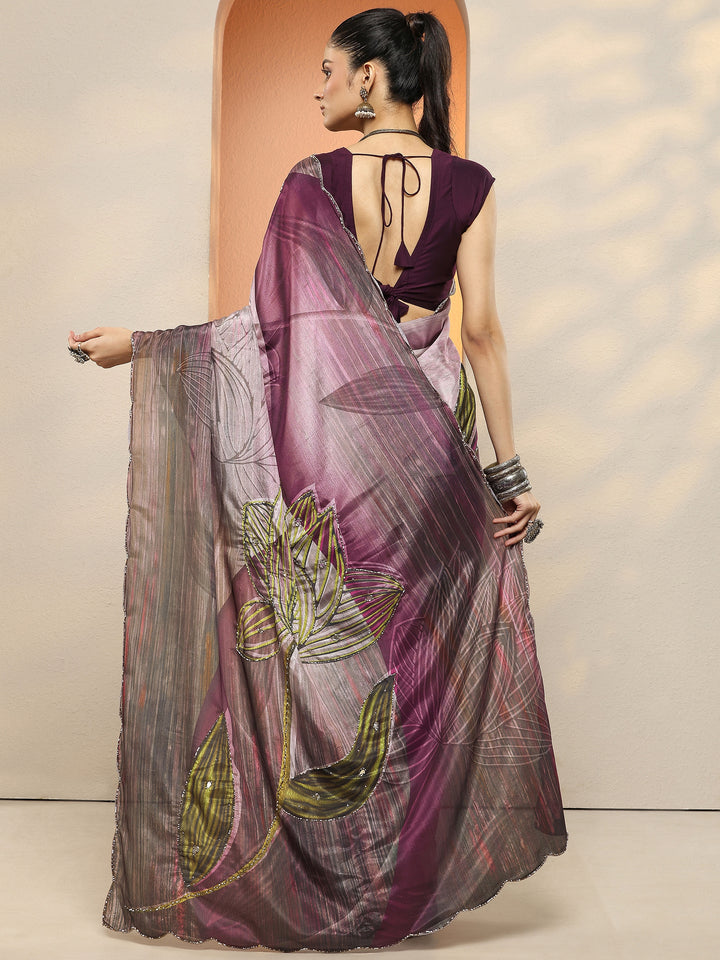Burgundy Printed Silk Blend Sarees With Unstitched Blouse Piece
