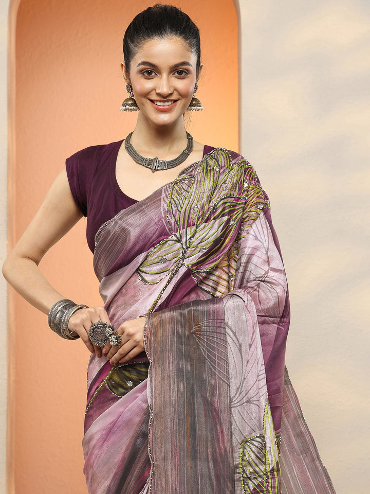 Burgundy Printed Silk Blend Sarees With Unstitched Blouse Piece