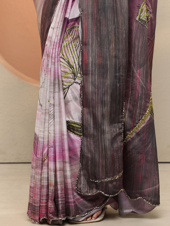 Burgundy Printed Silk Blend Sarees With Unstitched Blouse Piece