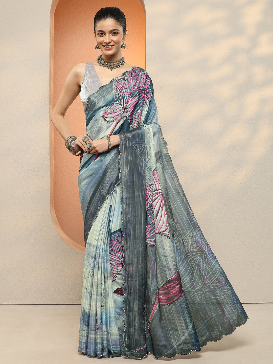 Navy Blue Printed Silk Blend Sarees With Unstitched Blouse Piece