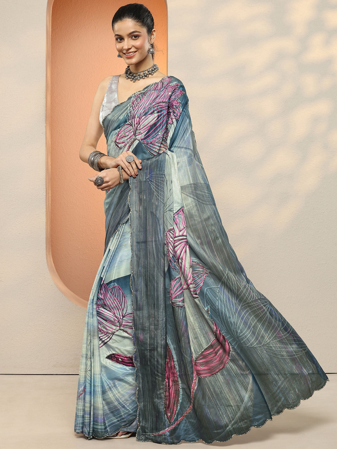 Navy Blue Printed Silk Blend Sarees With Unstitched Blouse Piece