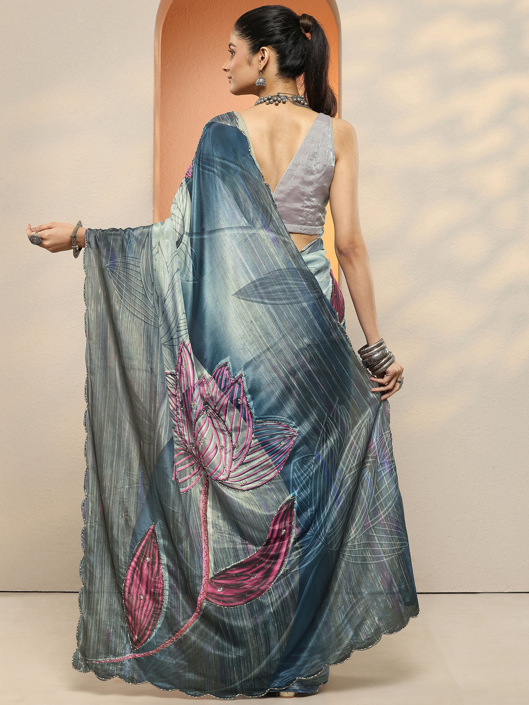 Navy Blue Printed Silk Blend Sarees With Unstitched Blouse Piece