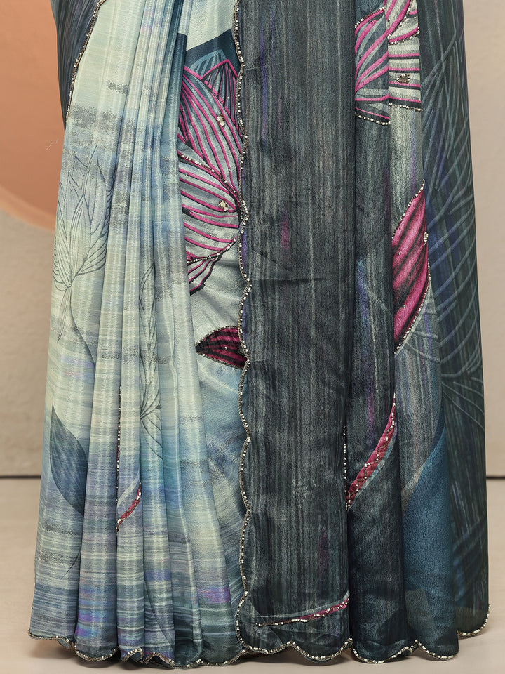 Navy Blue Printed Silk Blend Sarees With Unstitched Blouse Piece