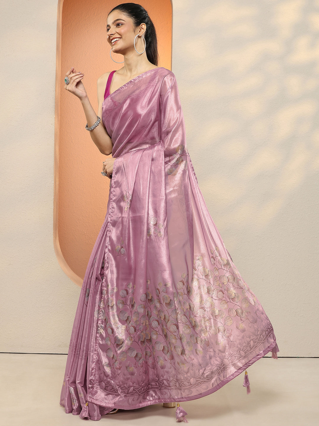Mauve Printed Silk Blend Sarees With Unstitched Blouse Piece
