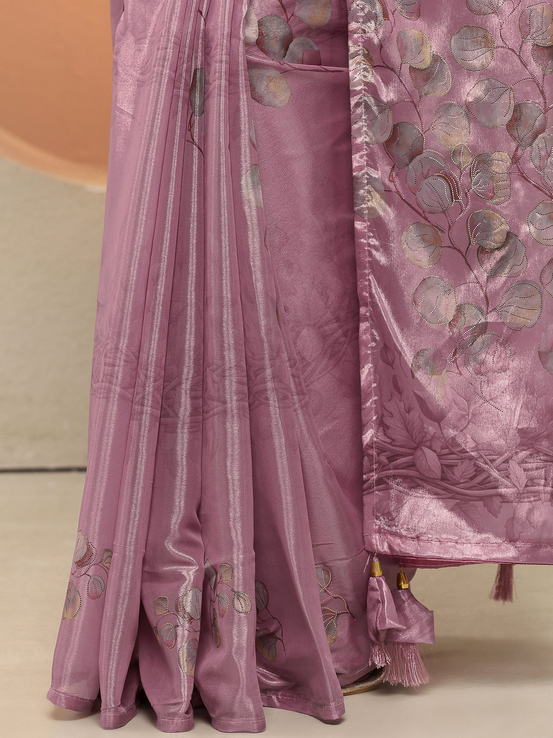 Mauve Printed Silk Blend Sarees With Unstitched Blouse Piece