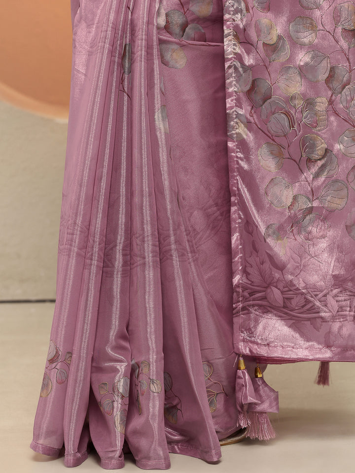Mauve Printed Silk Blend Sarees With Unstitched Blouse Piece