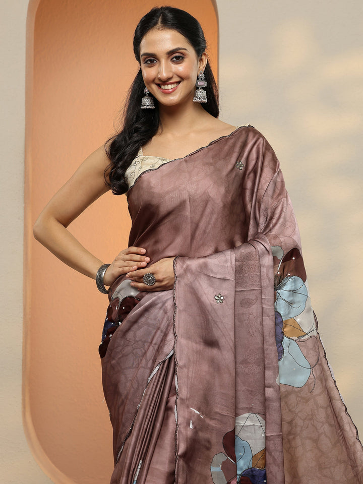Brown Printed Silk Blend Saree With Unstitched Blouse Piece