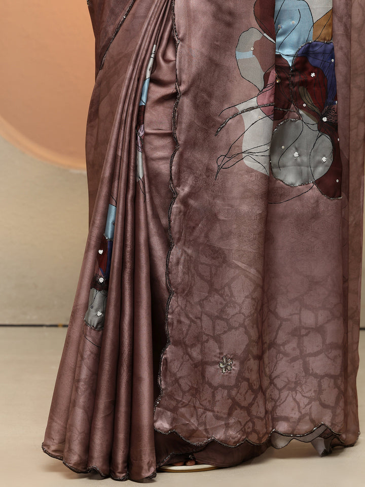 Brown Printed Silk Blend Saree With Unstitched Blouse Piece