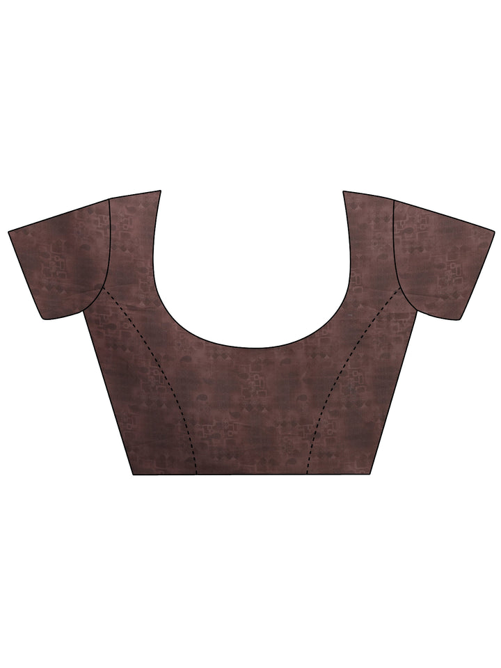 Brown Printed Silk Blend Saree With Unstitched Blouse Piece