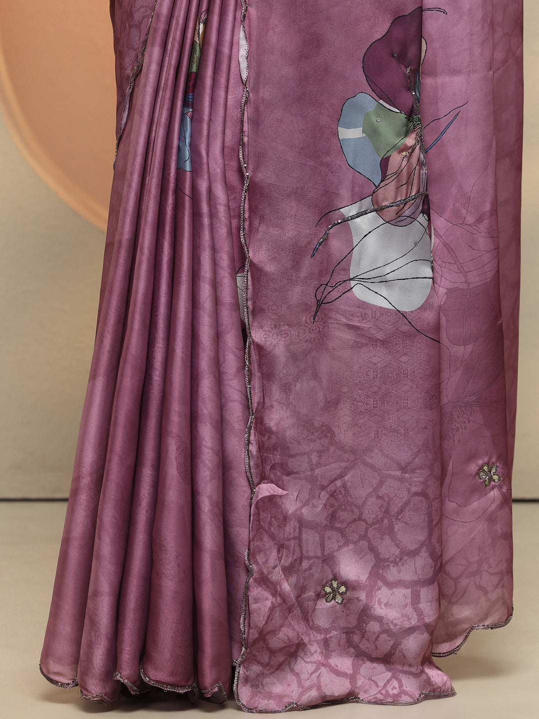 Mauve Printed Silk Blend Saree With Unstitched Blouse Piece