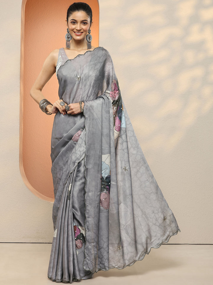 Grey Printed Silk Blend Sarees With Unstitched Blouse Piece