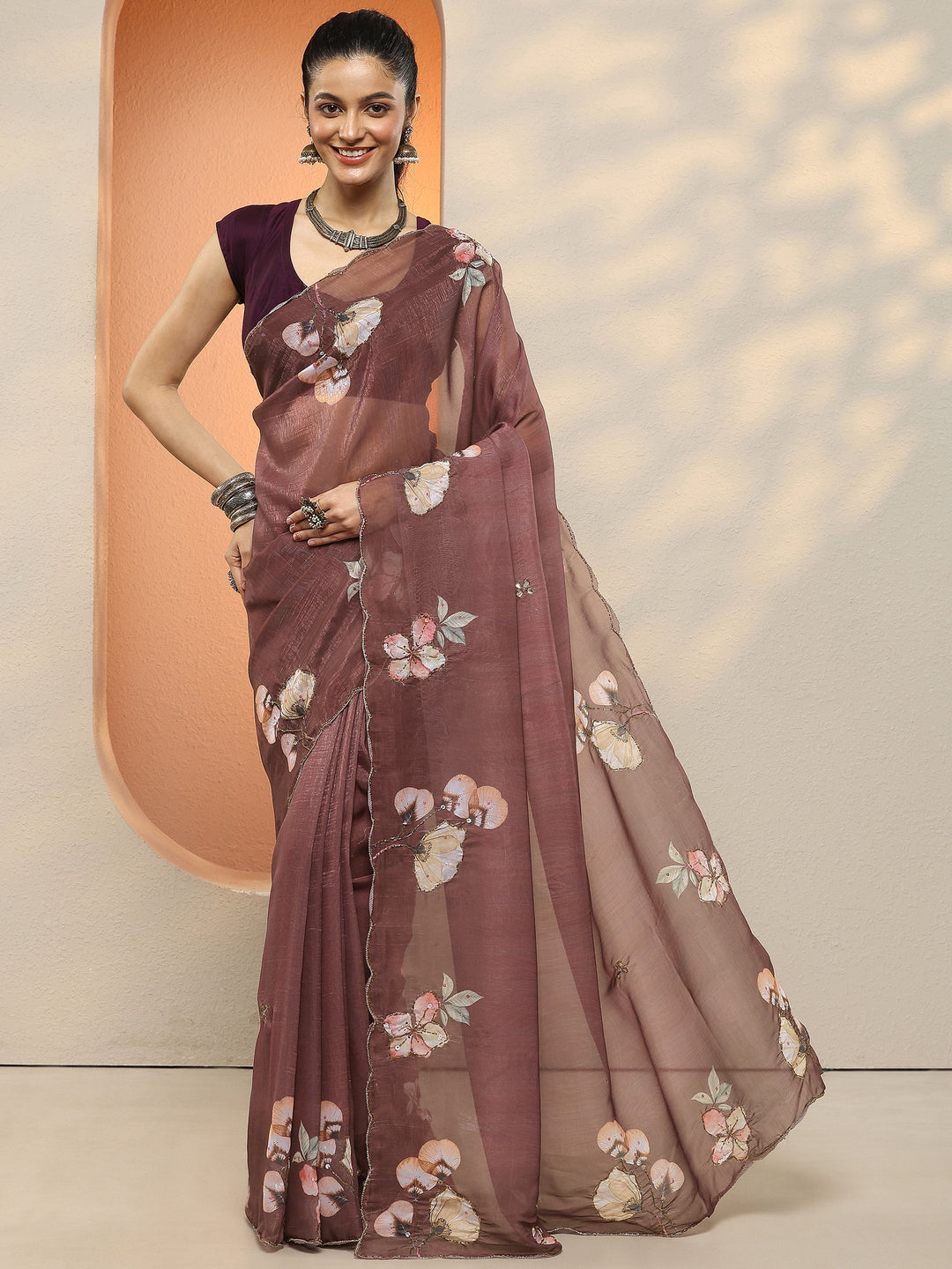 Brown Printed Silk Blend Sarees With Unstitched Blouse Piece