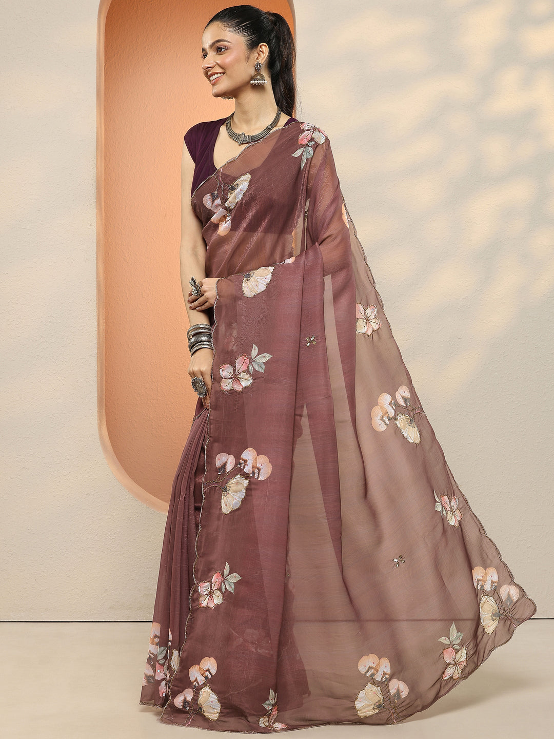 Brown Printed Silk Blend Sarees With Unstitched Blouse Piece