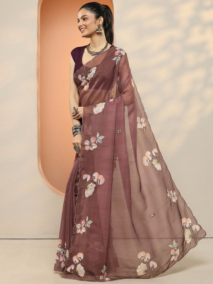 Brown Printed Silk Blend Sarees With Unstitched Blouse Piece