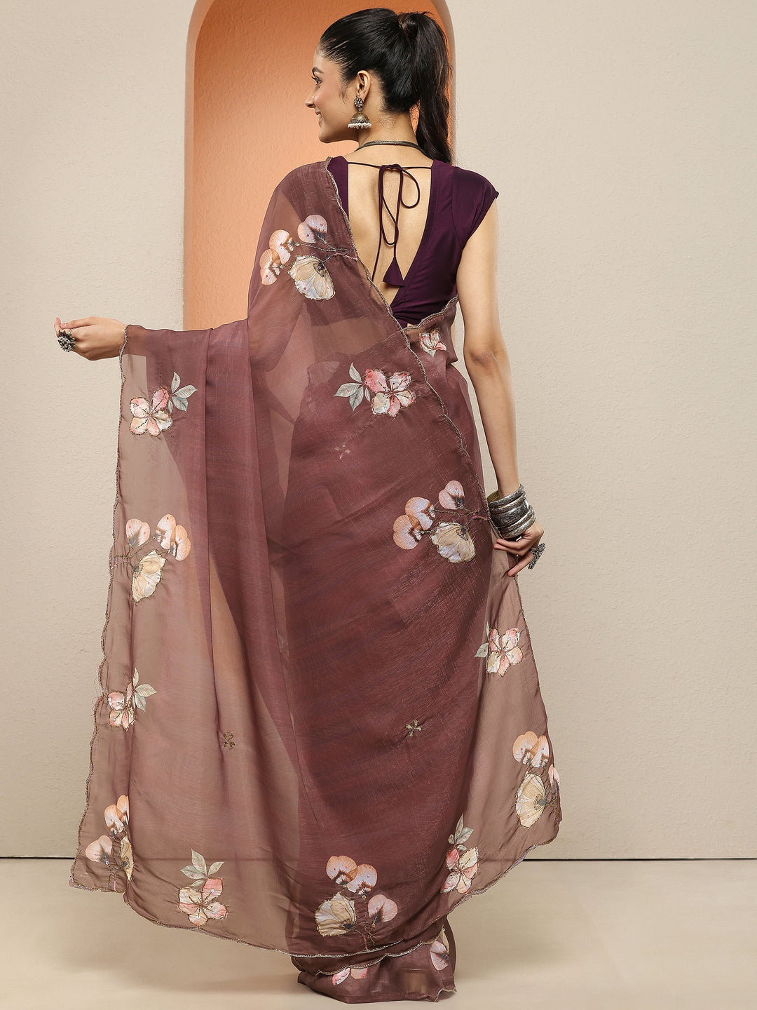 Brown Printed Silk Blend Sarees With Unstitched Blouse Piece