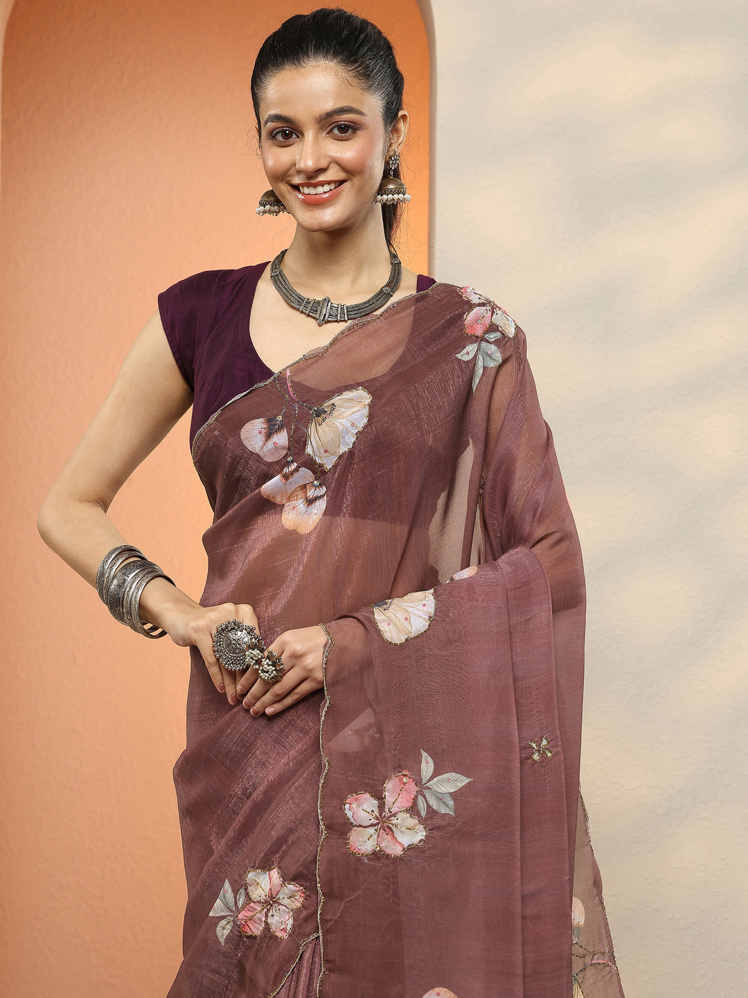Brown Printed Silk Blend Sarees With Unstitched Blouse Piece
