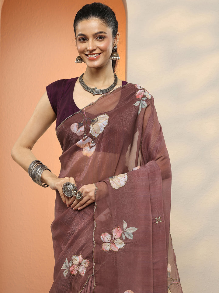 Brown Printed Silk Blend Sarees With Unstitched Blouse Piece