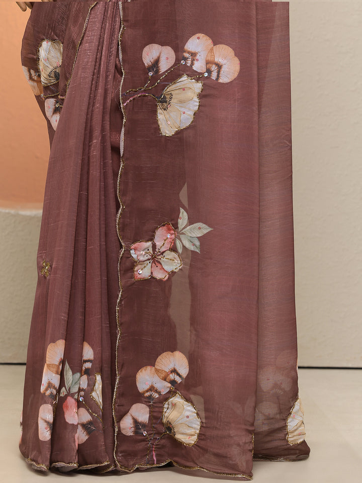 Brown Printed Silk Blend Sarees With Unstitched Blouse Piece