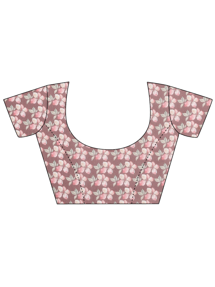 Brown Printed Silk Blend Sarees With Unstitched Blouse Piece