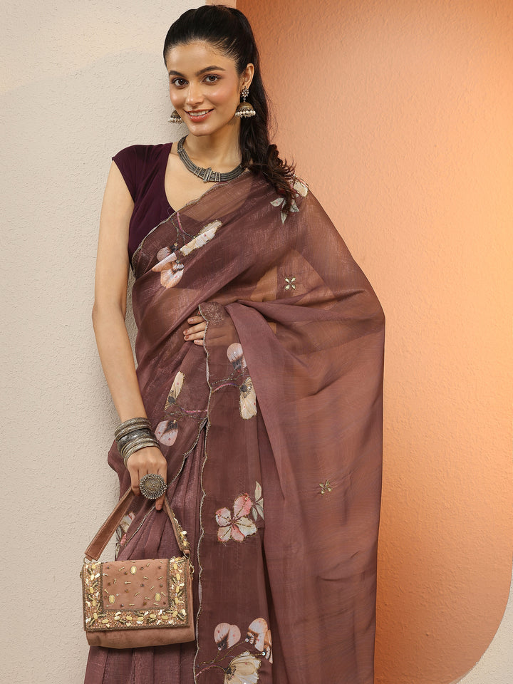 Brown Printed Silk Blend Sarees With Unstitched Blouse Piece
