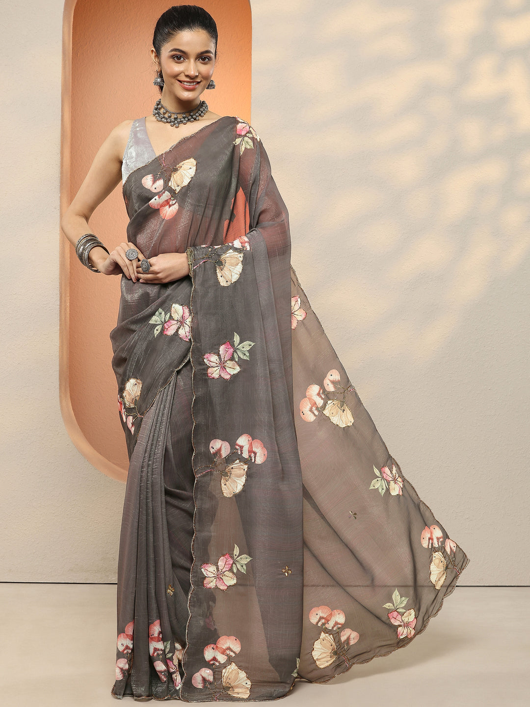 Brown Printed Silk Blend Sarees With Unstitched Blouse Piece
