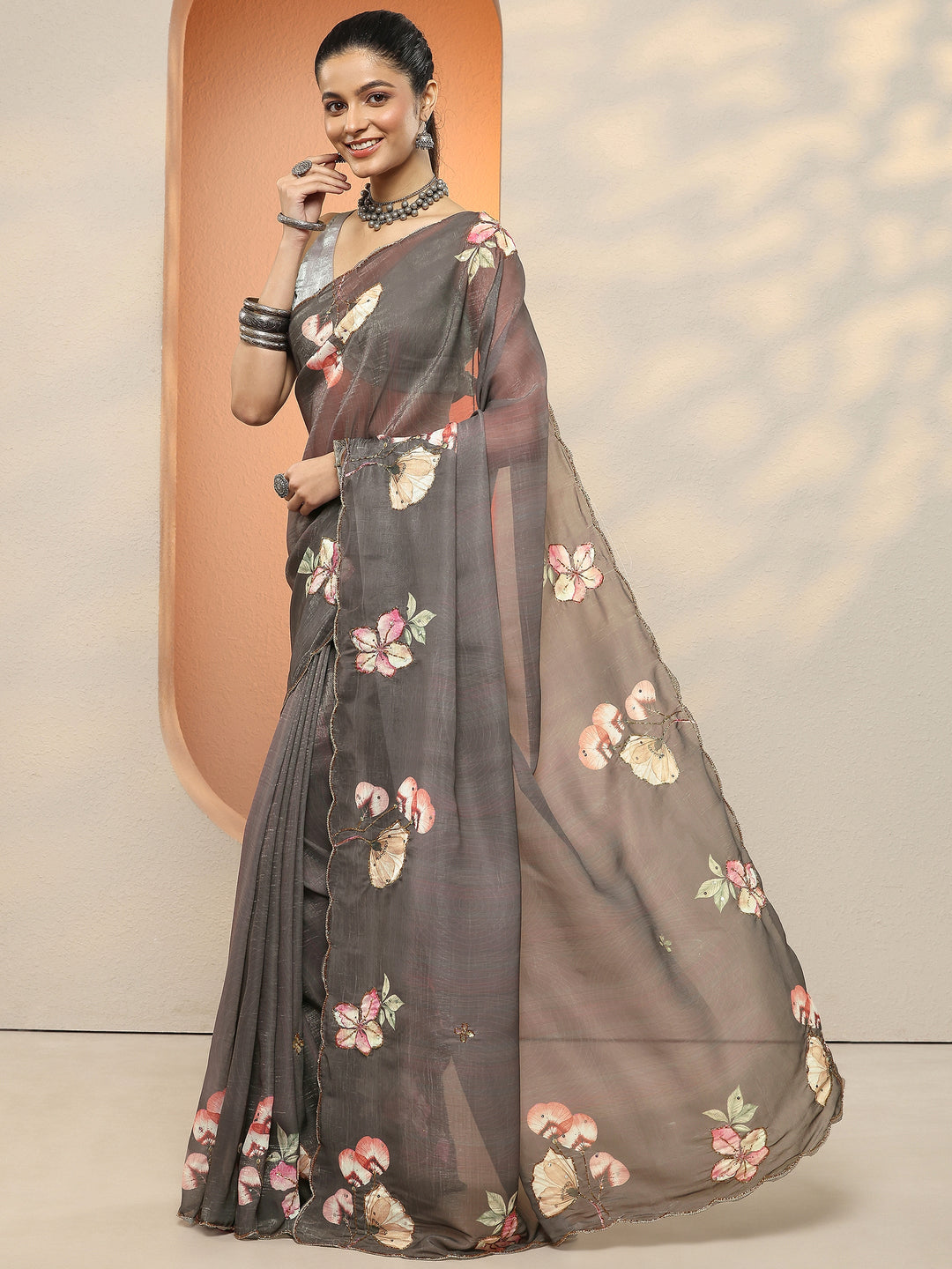 Brown Printed Silk Blend Sarees With Unstitched Blouse Piece