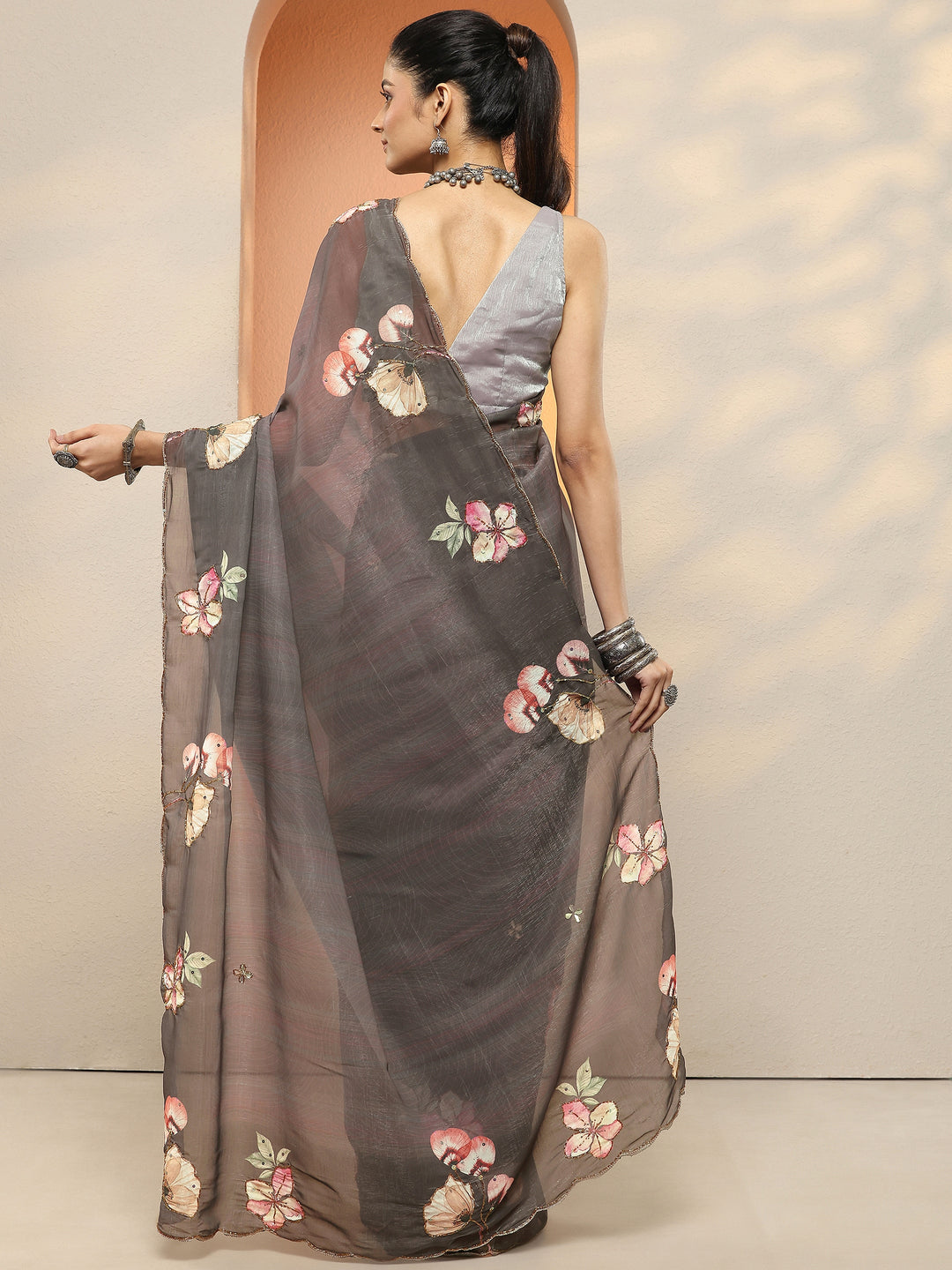 Brown Printed Silk Blend Sarees With Unstitched Blouse Piece