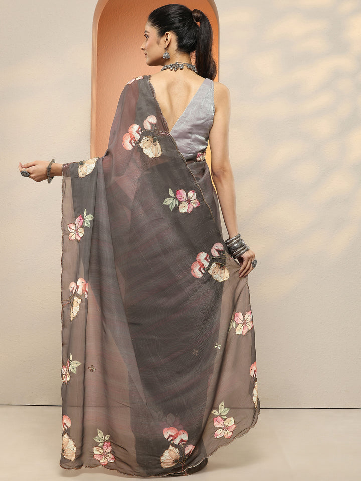 Brown Printed Silk Blend Sarees With Unstitched Blouse Piece