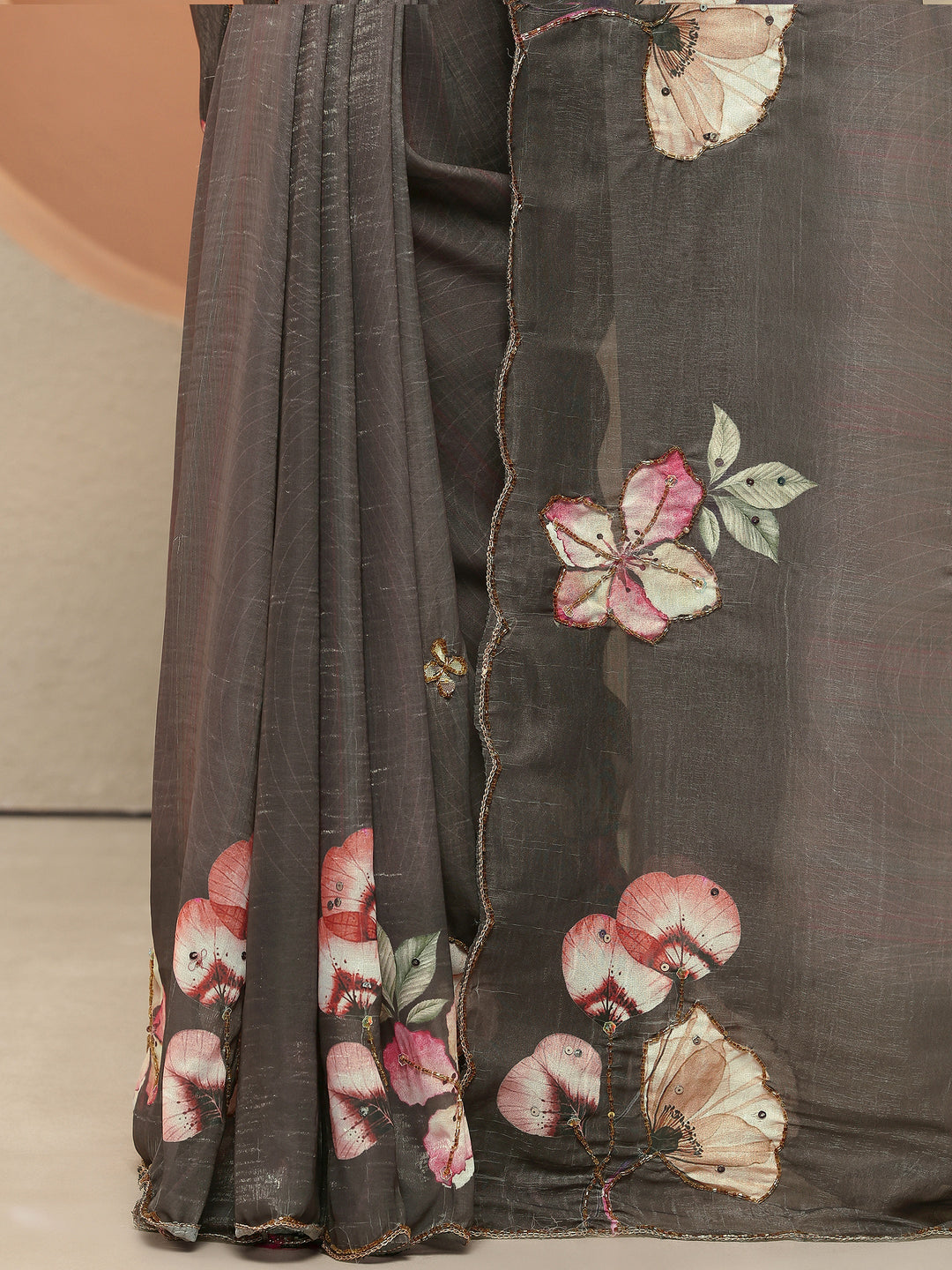 Brown Printed Silk Blend Sarees With Unstitched Blouse Piece