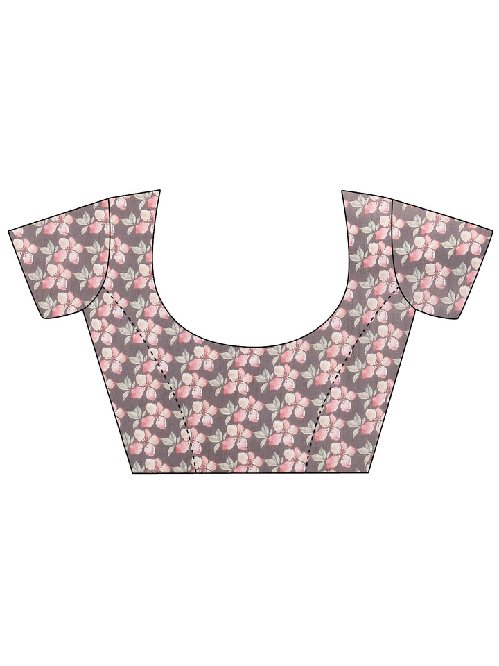 Brown Printed Silk Blend Sarees With Unstitched Blouse Piece