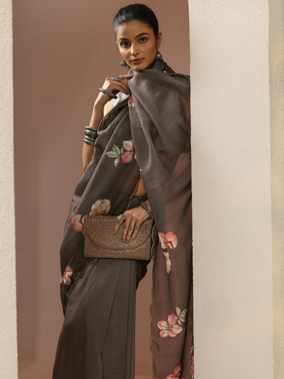 Brown Printed Silk Blend Sarees With Unstitched Blouse Piece