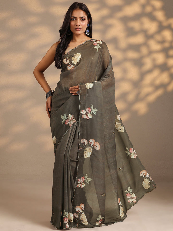 Green Printed Silk Blend Saree With Unstitched Blouse Piece