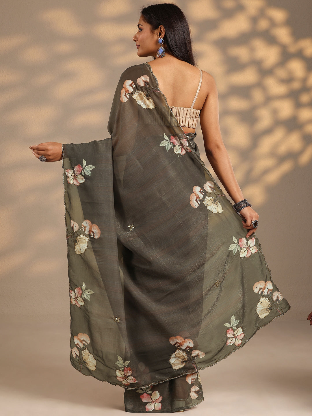 Green Printed Silk Blend Saree With Unstitched Blouse Piece