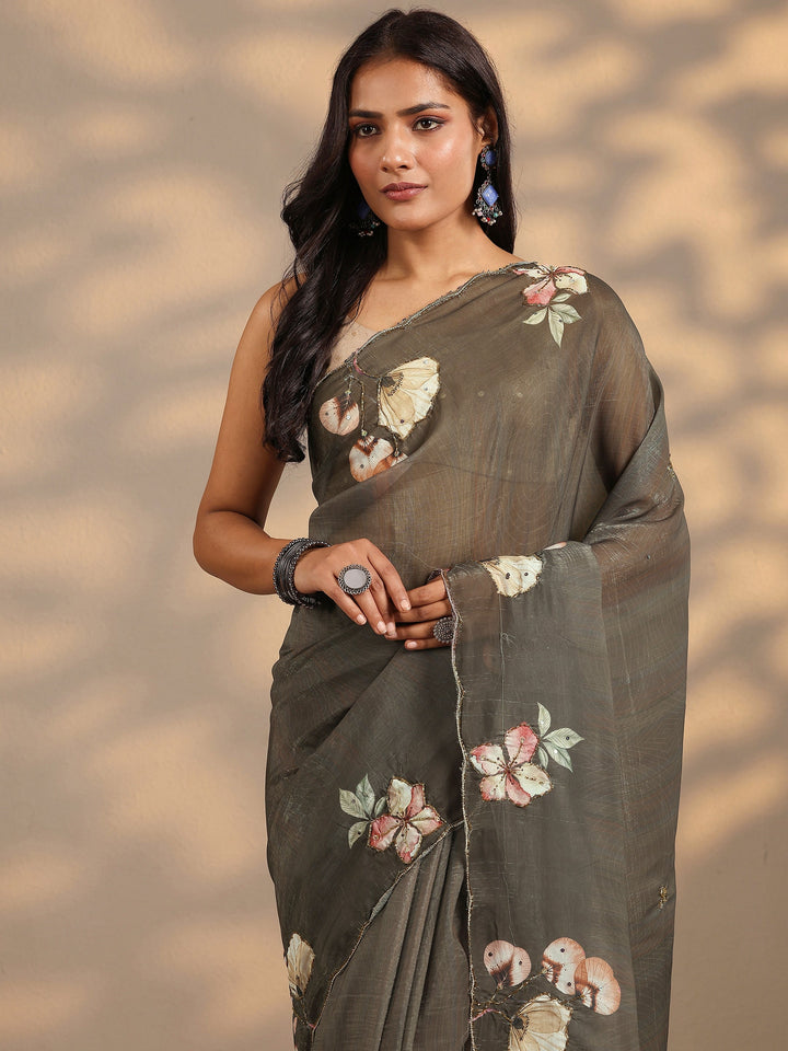 Green Printed Silk Blend Saree With Unstitched Blouse Piece