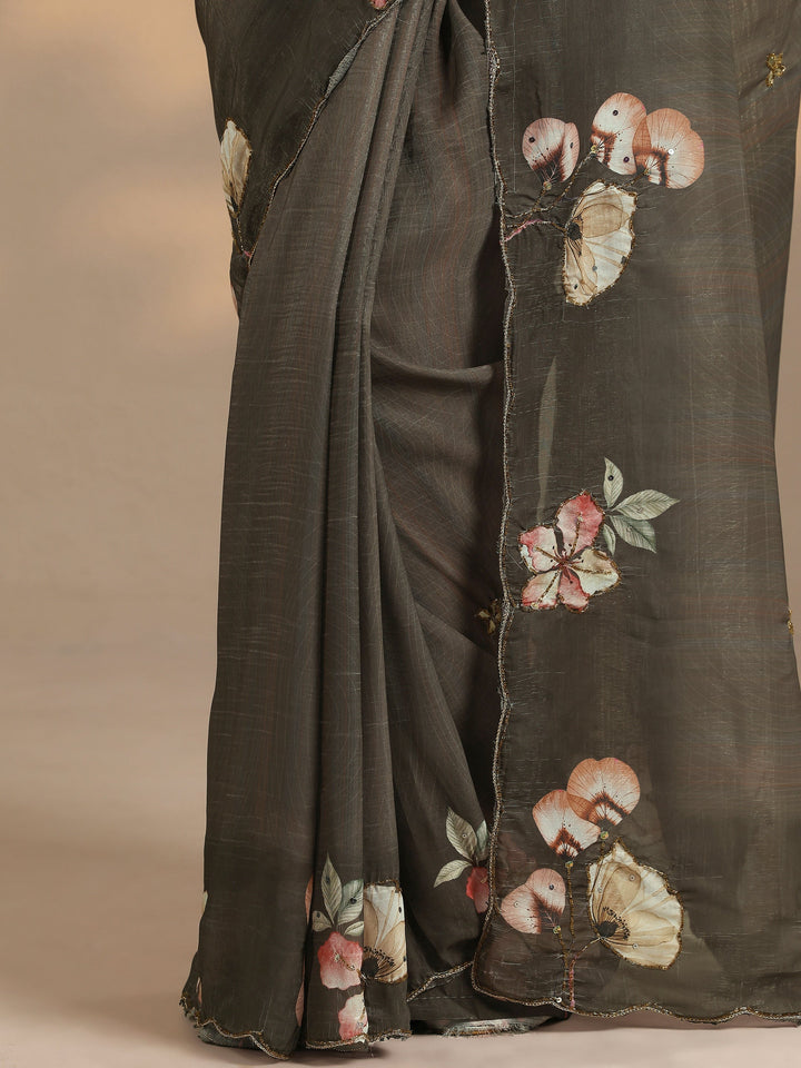 Green Printed Silk Blend Saree With Unstitched Blouse Piece