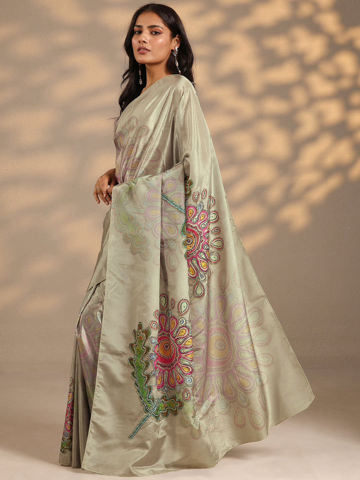 Green Printed Silk Blend Saree With Unstitched Blouse Piece