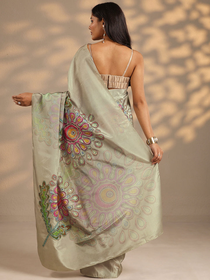 Green Printed Silk Blend Saree With Unstitched Blouse Piece