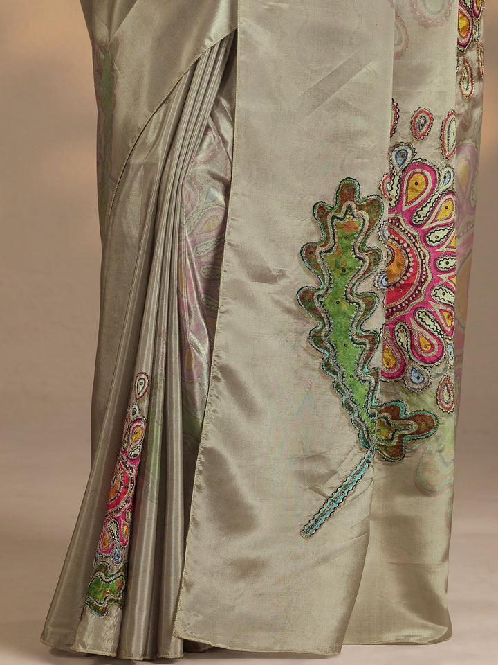 Green Printed Silk Blend Saree With Unstitched Blouse Piece