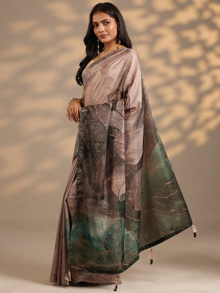 Taupe Printed Silk Blend Saree With Unstitched Blouse Piece
