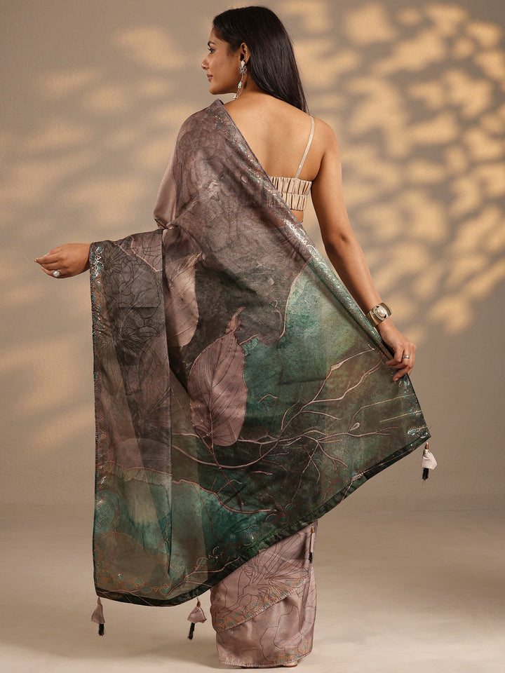 Taupe Printed Silk Blend Saree With Unstitched Blouse Piece