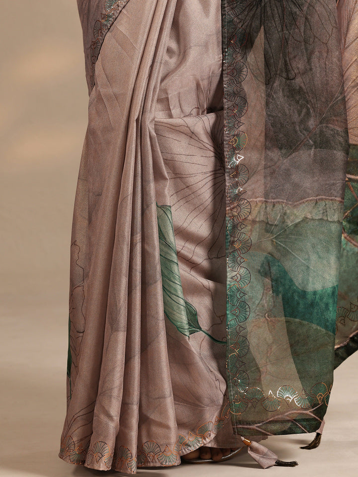 Taupe Printed Silk Blend Saree With Unstitched Blouse Piece